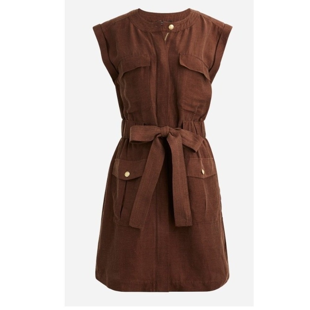 J. Crew Chelsea Tie Waist Mini Dress 6 Brown Linen Cupro Utility Safari Belted